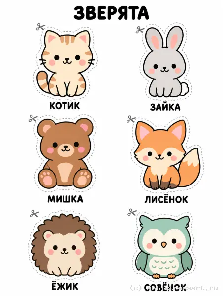 Милые зверята для вырезания — раскраска (Для самых маленьких), распечатать бесплатно А4