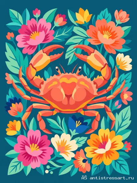 Морской краб в цветах — раскраска (Животные), распечатать бесплатно А4 — цветной образец