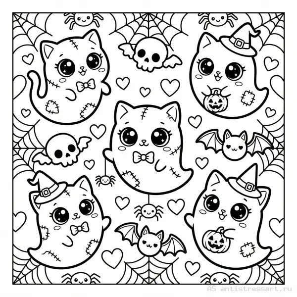 Жутко милая раскраска Creepy Cute призрачные котики — раскраска (Животные), распечатать бесплатно А4