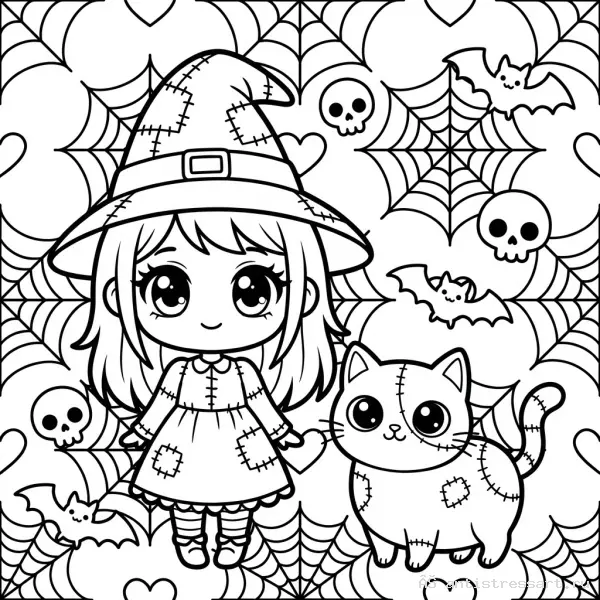 Жутко милая раскраска Creepy Cute ведьмочка и кот — раскраска (Животные), распечатать бесплатно А4