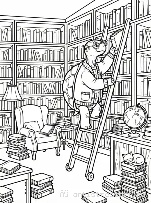 Черепаха библиотекарь в книжном царстве — раскраска распечатать бесплатно