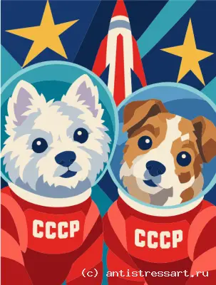 Два щенка-космонавта с надписью СССР — раскраска в PDF