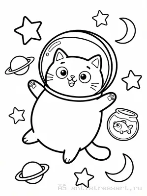 Котик-космонавт в открытом космосе — раскраска распечатать бесплатно