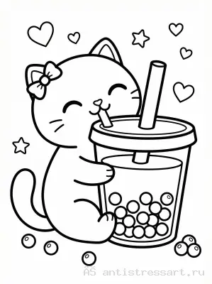 Котик пьет Bubble Tea раскраска — раскраска распечатать бесплатно