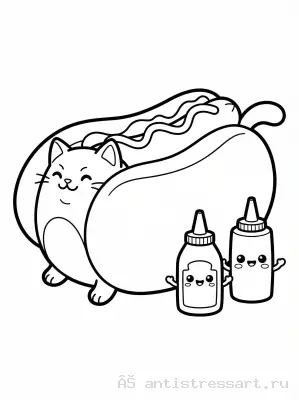 Котик в хот-доге раскраска — раскраска распечатать бесплатно