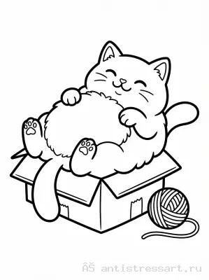 Котик в коробке с клубком — раскраска распечатать бесплатно