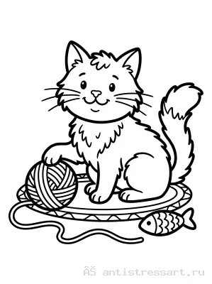 Котёнок с клубком и рыбкой — раскраска распечатать бесплатно