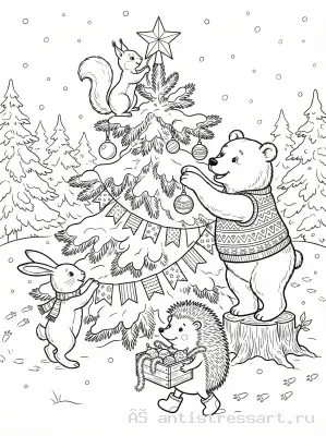 Лесные друзья наряжают ёлку раскраска — раскраска распечатать бесплатно