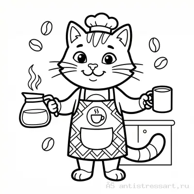 Раскраска Кот-бариста для детей — раскраска распечатать бесплатно