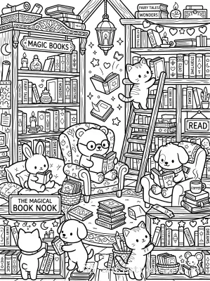 Уютный книжный уголок с друзьями — раскраска распечатать бесплатно