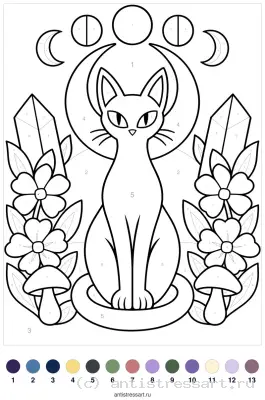 Загадочный кот с кристаллами — раскраска в PDF