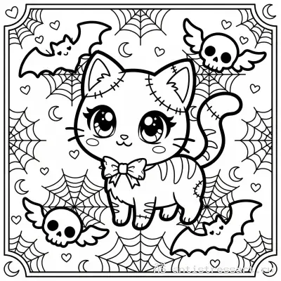 Жутко милая раскраска Creepy Cute котик с летучими мышами — раскраска распечатать бесплатно