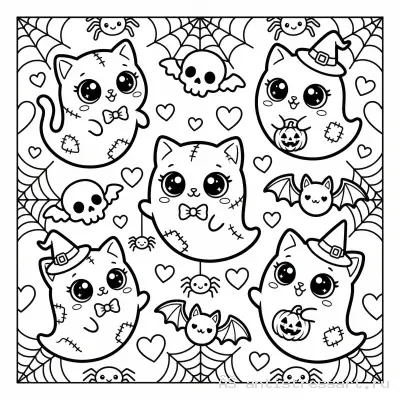 Жутко милая раскраска Creepy Cute призрачные котики — раскраска распечатать бесплатно