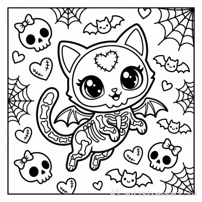 Жутко милая раскраска Creepy Cute скелет‑кот — раскраска распечатать бесплатно