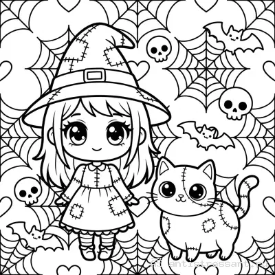 Жутко милая раскраска Creepy Cute ведьмочка и кот — раскраска распечатать бесплатно
