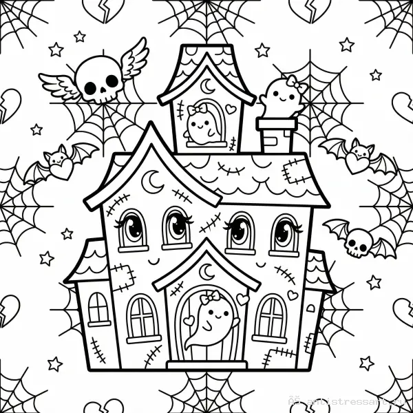 Жутко милая раскраска Creepy Cute дом с привидениями — раскраска (Архитектура), распечатать бесплатно А4