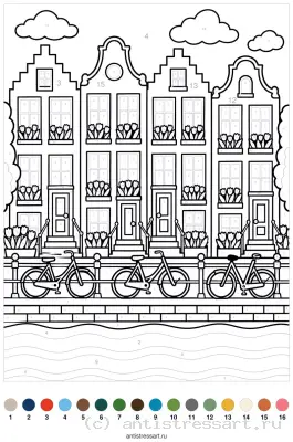 Голландские домики с велосипедами — раскраска в PDF