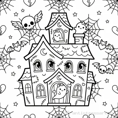 Жутко милая раскраска Creepy Cute дом с привидениями — раскраска распечатать бесплатно