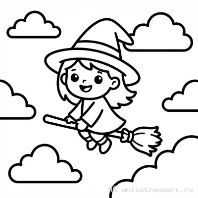 Маленькая ведьмочка на метле — раскраска распечатать бесплатно