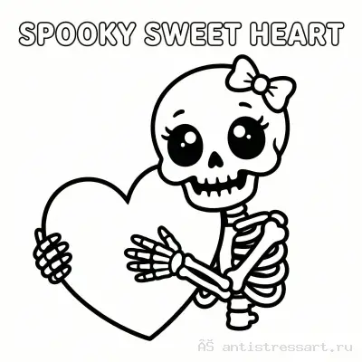 Раскраска добрый скелетик с сердечком для детей — раскраска распечатать бесплатно