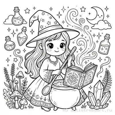 Раскраска каваи ведьма с котлом и книгой для взрослых — раскраска распечатать бесплатно