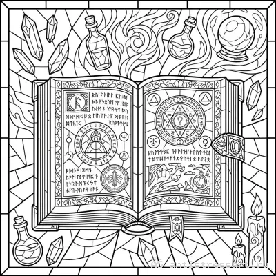 Раскраска витраж фэнтези магическая книга для взрослых — раскраска распечатать бесплатно