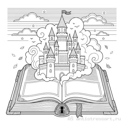 Замок из волшебной книги — раскраска распечатать бесплатно