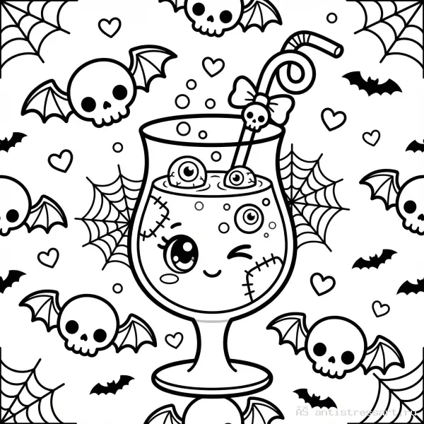 Жутко милая раскраска Creepy Cute коктейль с глазами — раскраска (Еда), распечатать бесплатно А4