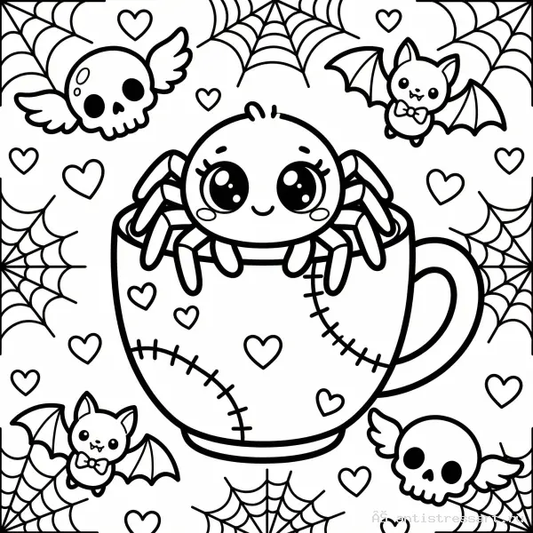 Жутко милая раскраска Creepy Cute паучок в кружке — раскраска (Еда), распечатать бесплатно А4