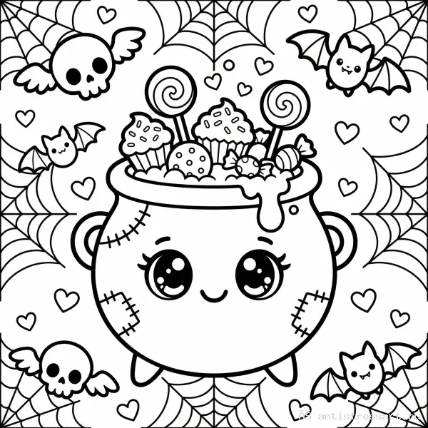Жутко милая раскраска Creepy Cute ведьмин котёл и сладости — раскраска (Еда), распечатать бесплатно А4