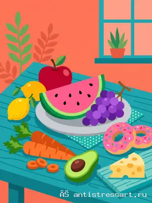 Натюрморт с фруктами и сладостями — раскраска распечатать бесплатно