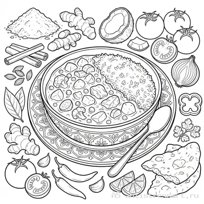 Раскраска для взрослых: Карри с рисом — раскраска распечатать бесплатно