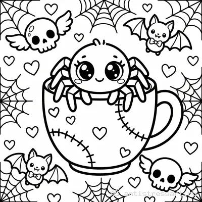 Жутко милая раскраска Creepy Cute паучок в кружке — раскраска распечатать бесплатно
