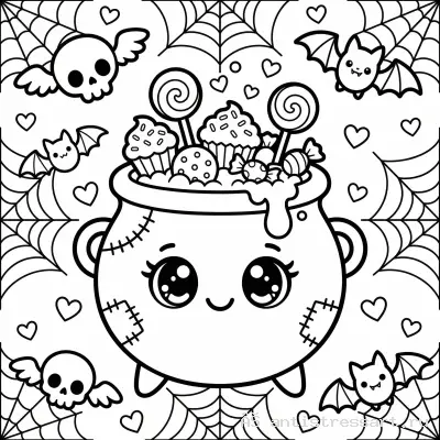 Жутко милая раскраска Creepy Cute ведьмин котёл и сладости — раскраска распечатать бесплатно