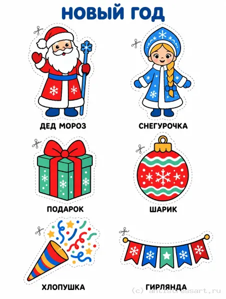 Новогодние атрибуты для вырезания — раскраска (Для самых маленьких), распечатать бесплатно А4