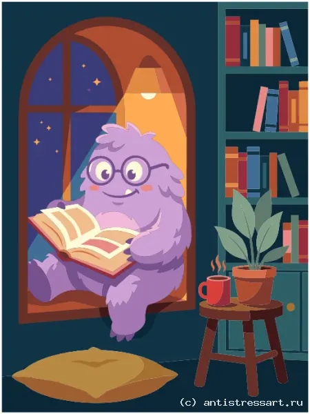 Фиолетовый монстрик читает книгу — раскраска (Монстры), формат А4 — цветной образец