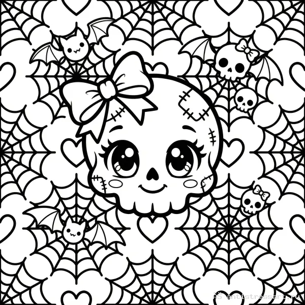 Жутко милая раскраска Creepy Cute череп с бантиком — раскраска (Монстры), распечатать бесплатно А4