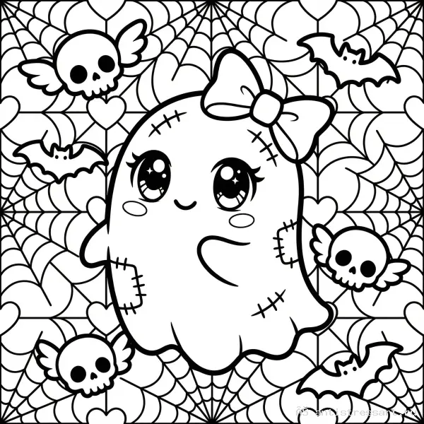 Жутко милая раскраска Creepy Cute привидение с бантиком — раскраска (Монстры), распечатать бесплатно А4