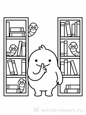 Раскраска Монстр-библиотекарь и книжные черви — раскраска распечатать бесплатно