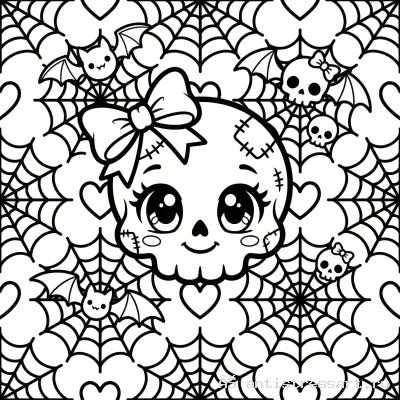 Жутко милая раскраска Creepy Cute череп с бантиком — раскраска распечатать бесплатно