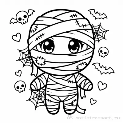 Жутко милая раскраска Creepy Cute мумия в бинтах — раскраска распечатать бесплатно