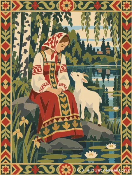 Аленушка с козленком — раскраска (Природа), формат А4 — цветной образец