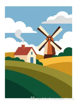 Деревенский пейзаж с мельницей — раскраска распечатать бесплатно