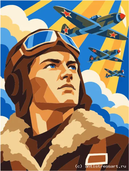 Лётчик-ас в небесах — раскраска (Персонажи), формат А4 — цветной образец