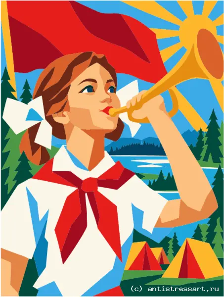 Пионерка с горном — раскраска (Персонажи), распечатать бесплатно А4 — цветной образец