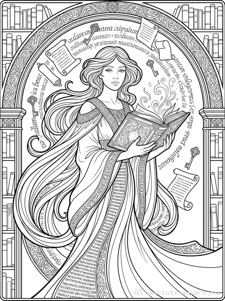 Раскраска Хранительница книг (библиотечная фея) — раскраска (Персонажи), распечатать бесплатно А4