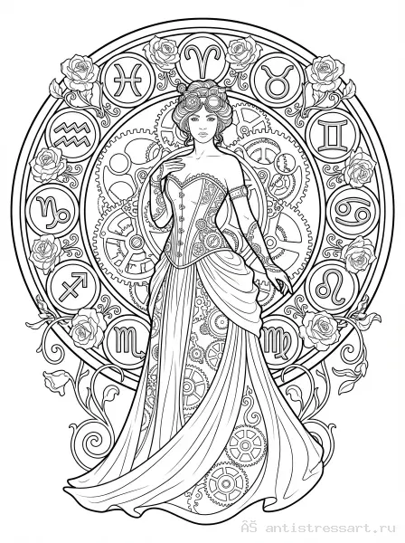 Раскраска Королева часовых механизмов (стимпанк-зодиак) — раскраска (Персонажи), распечатать бесплатно А4