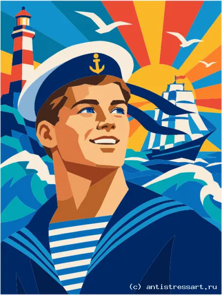 Улыбающийся моряк на фоне моря — раскраска (Персонажи), формат А4 — цветной образец