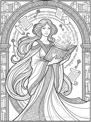 Раскраска Хранительница книг (библиотечная фея) — раскраска распечатать бесплатно