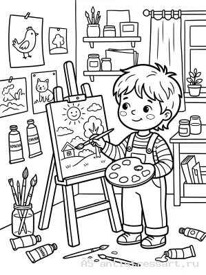 Юный художник за работой раскраска — раскраска распечатать бесплатно
